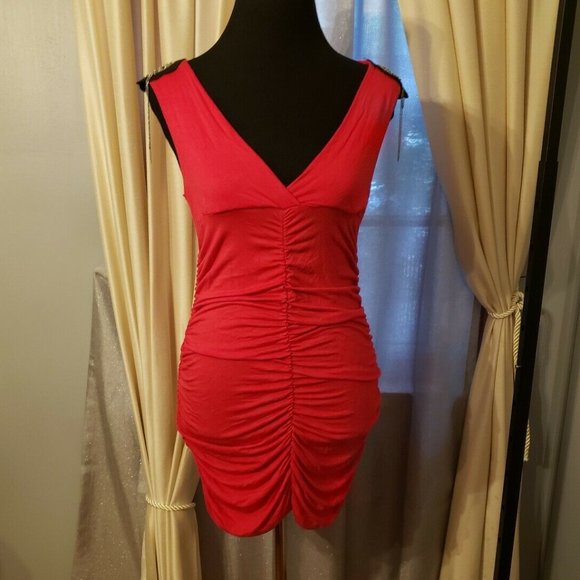IXOS Red Bodycon Ruched Dress Large - Picture 1 of 9